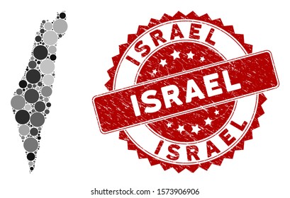 Mosaic Israel map and round seal. Flat vector Israel map mosaic of scattered round elements. Red seal stamp with rubber surface. Designed for political and patriotic promotion.