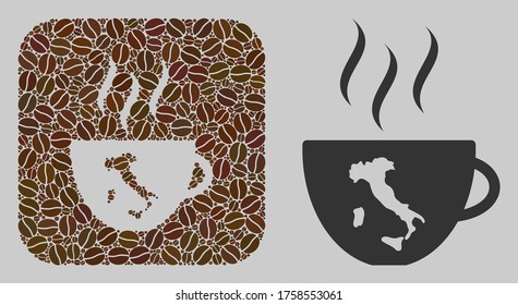 Mosaic italian coffee cup with coffee beans and basic icon. Negative space mosaic italian coffee cup is formed with cocoa beans. Abstract vector design elements for cafeteria purposes.