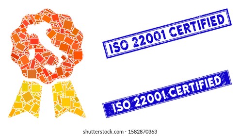 Mosaic italian quality pictogram and rectangle ISO 22001 Certified seal stamps. Flat vector italian quality mosaic icon of scattered rotated rectangular elements.
