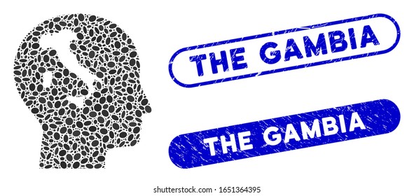 Mosaic italian thinking and corroded stamp seals with The Gambia text. Mosaic vector italian thinking is created with scattered elliptic spots. The Gambia stamp seals use blue color,