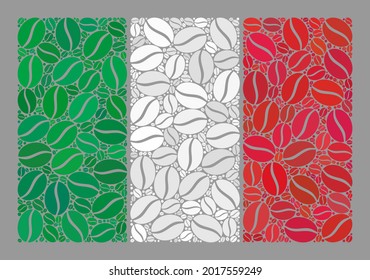 Mosaic Italy Flag designed with coffee grain icons. Vector coffee mosaic Italy Flag combined for coffee delivery projects. Italy Flag collage is designed of random coffee seeds.