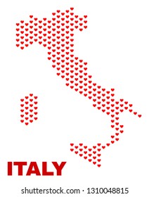 Mosaic Italy map of love hearts in red color isolated on a white background. Regular red heart pattern in shape of Italy map. Abstract design for Valentine illustrations.