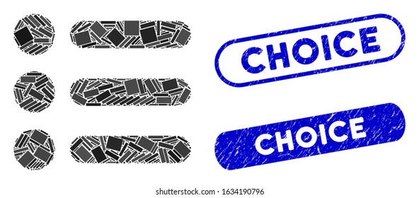 Mosaic items and corroded stamp seals with Choice phrase. Mosaic vector items is composed with randomized rectangle items. Choice stamp seals use blue color, and have round rectangle shape.