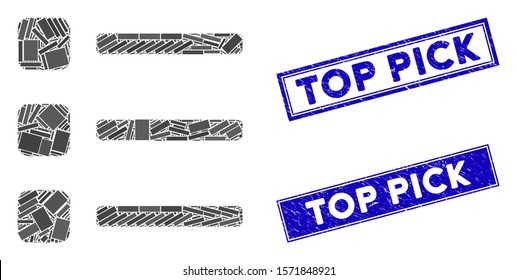 Mosaic items icon and rectangle Top Pick stamps. Flat vector items mosaic icon of random rotated rectangle items. Blue Top Pick watermarks with corroded texture.