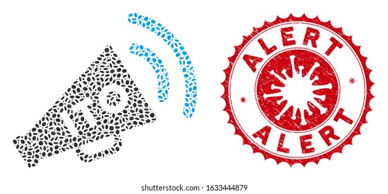Mosaic ITO alert megaphone icon and red round grunge stamp seal with Alert phrase and coronavirus symbol. Mosaic vector is composed with ITO alert megaphone icon and with random oval items.
