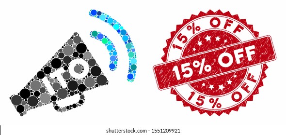 Mosaic ITO alert megaphone and rubber stamp seal with 15% Off text. Mosaic vector is composed from ITO alert megaphone icon and with random spheric elements. 15% Off stamp seal uses red color,