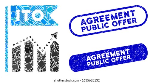 Mosaic ITO chart and distressed stamp watermarks with Agreement Public Offer phrase. Mosaic vector ITO chart is formed with random rectangle items. Agreement Public Offer seals use blue color,