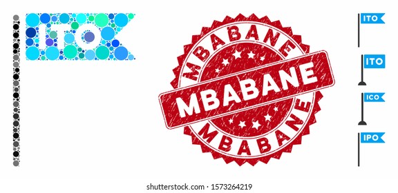 Mosaic ITO flag icon and corroded stamp watermark with Mbabane text. Mosaic vector is composed with ITO flag icon and with random spheric elements. Mbabane stamp uses red color, and grunged surface.