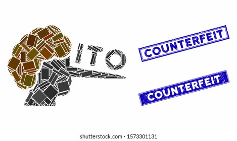 Mosaic ITO liar icon and rectangular Counterfeit stamps. Flat vector ITO liar mosaic icon of random rotated rectangular items. Blue Counterfeit stamps with distress texture.
