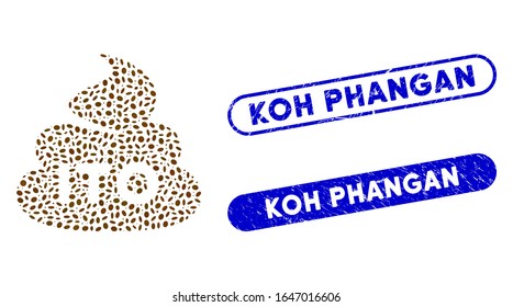 Sellos de basura y sellos de goma de ITO mosaico con la leyenda de Koh Phangan. La basura de ITO vectorial mosaico se crea con elementos de elipse dispersos. Los sellos Koh Phangan tienen un color azul y una forma rectangular redonda.