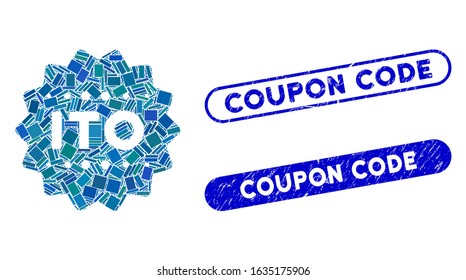 Mosaic ITO token and grunge stamp seals with Coupon Code caption. Mosaic vector ITO token is designed with randomized rectangle items. Coupon Code stamp seals use blue color,