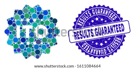 Mosaic ITO token icon and distressed stamp watermark with Results Guaranteed phrase. Mosaic vector is composed with ITO token icon and with scattered circle items.