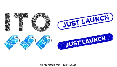 Mosaic ITO tokens and distressed stamp seals with Just Launch phrase. Mosaic vector ITO tokens is created with random rectangle items. Just Launch seals use blue color, and have round rectangle shape.