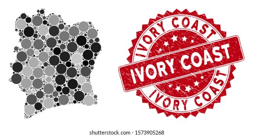 Mosaic Ivory Coast map and circle seal. Flat vector Ivory Coast map mosaic of random circle items. Red seal stamp with grunge design. Designed for political and patriotic promotion.