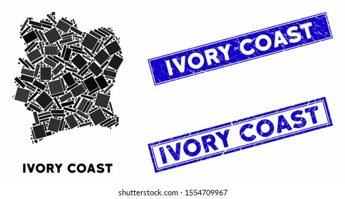 Mosaic Ivory Coast map and rectangle seals. Flat vector Ivory Coast map mosaic of scattered rotated rectangular items. Blue caption seals with scratched textures.