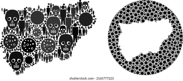 Mosaic Jaen Spanish Province map composed of covid virus icons and population and skeleton icons. Pandemic virus Jaen Spanish Province map mosaic formed with circle and stencil.