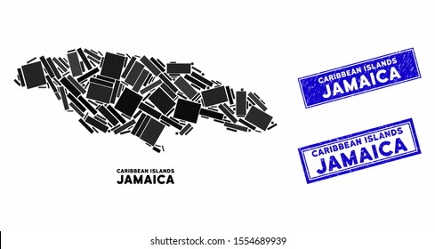 Mosaic Jamaica map and rectangular seal stamps. Flat vector Jamaica map mosaic of scattered rotated rectangle items. Blue caption seal stamps with grunge texture.