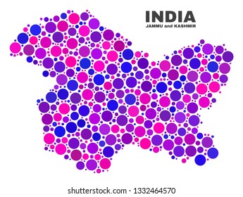 Mosaic Jammu and Kashmir State map isolated on a white background. Vector geographic abstraction in pink and violet colors. Mosaic of Jammu and Kashmir State map combined of random circle elements.