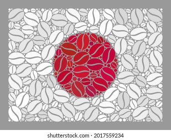 Die Mosaikflagge Japan ist mit Kakaoelementen gebaut. Vector Kaffee Collage Japan Flagge kombiniert für Restaurant-Etiketten. Die japanische Fahnenkollage wird mit zufälligen Kaffeekörnern konstruiert.