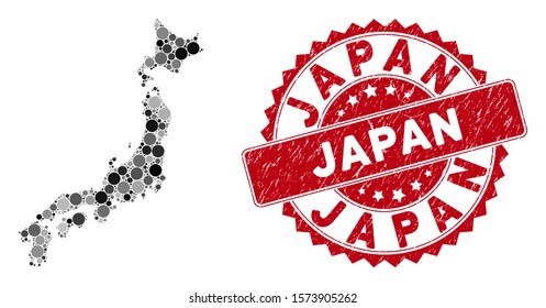 Mosaic Japan map and circle seal stamp. Flat vector Japan map mosaic of scattered round elements. Red seal stamp with rubber style. Designed for political and patriotic proclamations.