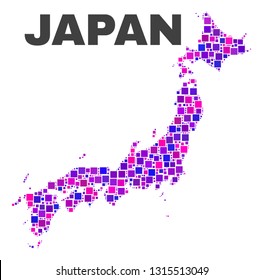 Mosaic Japan map isolated on a white background. Vector geographic abstraction in pink and violet colors. Mosaic of Japan map combined of random square items.