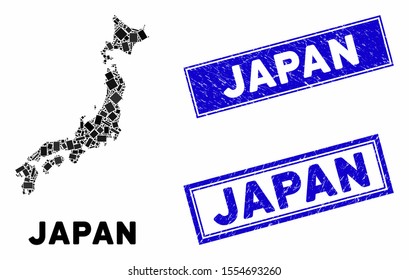Mosaic Japan map and rectangle rubber prints. Flat vector Japan map mosaic of random rotated rectangle items. Blue caption rubber stamps with dirty surface.