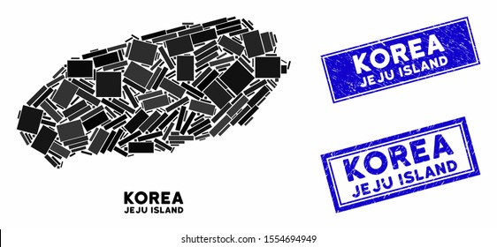 Mosaic Jeju Island map and rectangular stamps. Flat vector Jeju Island map mosaic of scattered rotated rectangular elements. Blue caption stamps with grunged textures.
