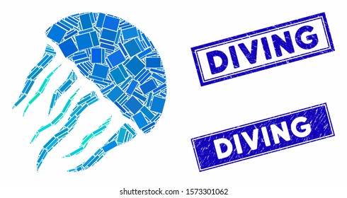 Mosaic jellyfish icon and rectangular Diving stamps. Flat vector jellyfish mosaic icon of random rotated rectangle items. Blue Diving rubber seals with rubber surface.