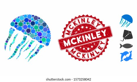 Mosaic jellyfish icon and rubber stamp seal with Mckinley caption. Mosaic vector is created from jellyfish icon and with scattered round spots. Mckinley stamp seal uses red color, and rubber surface.