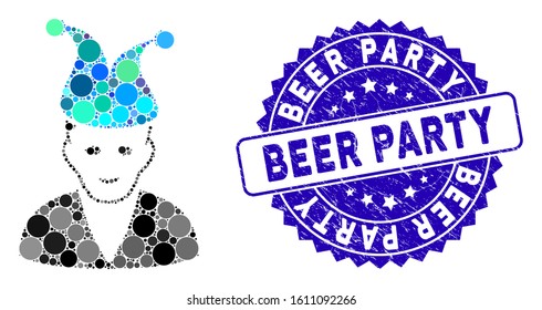Mosaic jester icon and grunge stamp watermark with Beer Party caption. Mosaic vector is composed with jester pictogram and with random round spots. Beer Party stamp seal uses blue color,