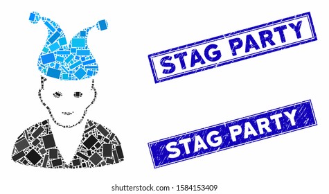 Mosaic jester icon and rectangular Stag Party stamps. Flat vector jester mosaic icon of scattered rotated rectangular elements. Blue Stag Party stamps with distress texture.