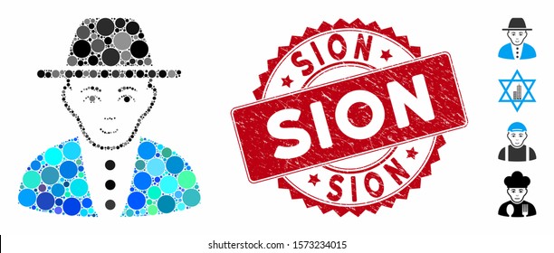 Mosaic jew icon and rubber stamp watermark with Sion text. Mosaic vector is created with jew icon and with randomized round items. Sion seal uses red color, and rubber texture. Bonus icons included.