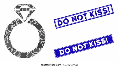 Mosaic jewelry ring pictogram and rectangular Do Not Kiss! stamps. Flat vector jewelry ring mosaic pictogram of scattered rotated rectangular elements.