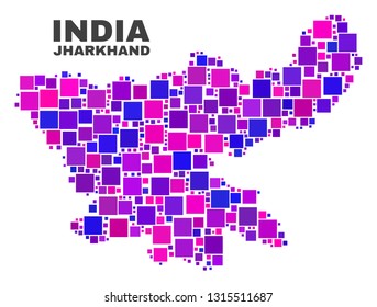 Mosaic Jharkhand State map isolated on a white background. Vector geographic abstraction in pink and violet colors. Mosaic of Jharkhand State map combined of scattered small squares.