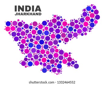 Mosaic Jharkhand State map isolated on a white background. Vector geographic abstraction in pink and violet colors. Mosaic of Jharkhand State map combined of scattered spheric points.