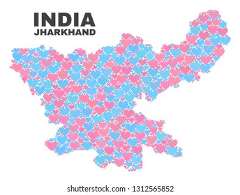 Mosaic Jharkhand State map of lovely hearts in pink and blue colors isolated on a white background. Lovely heart collage in shape of Jharkhand State map. Abstract design for Valentine decoration.