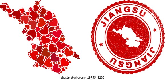 Mosaic Jiangsu Province map designed from red love hearts, and grunge seal stamp. Vector lovely round red rubber seal stamp imitation with Jiangsu Province map inside.