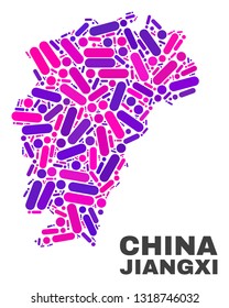 Mosaic Jiangxi Province map isolated on a white background. Vector geographic abstraction in pink and violet colors. Mosaic of Jiangxi Province map combined of random circle points and lines.