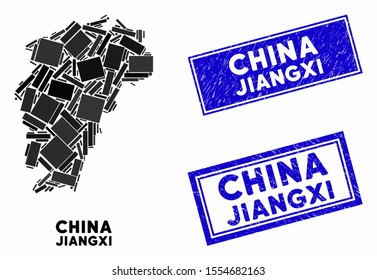 Mosaic Jiangxi Province map and rectangular stamps. Flat vector Jiangxi Province map mosaic of scattered rotated rectangular elements. Blue caption seal stamps with rubber textures.