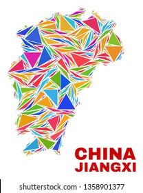 Mosaic Jiangxi Province map of triangles in bright colors isolated on a white background. Triangular collage in shape of Jiangxi Province map. Abstract design for patriotic purposes.