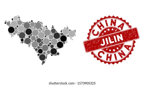 Mosaic Jilin Province map and circle rubber print. Flat vector Jilin Province map mosaic of random circle items. Red rubber stamp with rubber surface. Designed for political and patriotic agitprop.