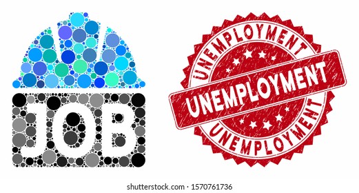 Mosaic job and corroded stamp seal with Unemployment caption. Mosaic vector is designed from job icon and with random circle items. Unemployment stamp seal uses red color, and dirty design.