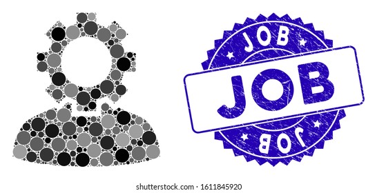 Mosaic job icon and corroded stamp seal with Job text. Mosaic vector is formed with job icon and with random circle elements. Job stamp seal uses blue color, and distress surface.