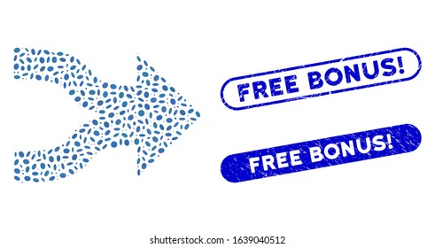 Mosaic join arrows and distressed stamp seals with Free Bonus! caption. Mosaic vector join arrows is designed with random oval elements. Free Bonus! stamp seals use blue color,