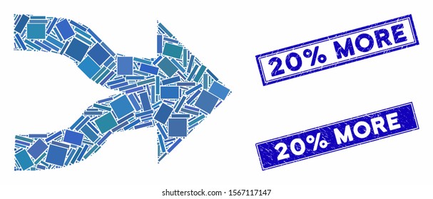 Mosaic join arrows icon and rectangle seal stamps. Flat vector join arrows mosaic pictogram of scattered rotated rectangle elements. Blue caption seal stamps with grunged textures.