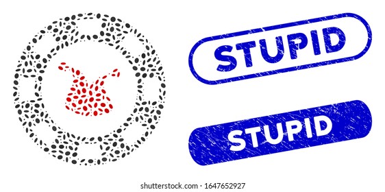 Mosaic joker casino chip and distressed stamp seals with Stupid text. Mosaic vector joker casino chip is created with randomized elliptic dots. Stupid stamp seals use blue color,