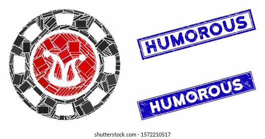 Mosaic joker casino chip pictogram and rectangular Humorous seal stamps. Flat vector joker casino chip mosaic icon of scattered rotated rectangular items. Blue Humorous seal stamps with dirty texture.