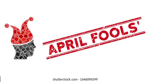 Mosaic joker guy pictogram and red April Fools seal stamp between double parallel lines. Flat vector joker guy mosaic pictogram of randomized rotated rectangular items.