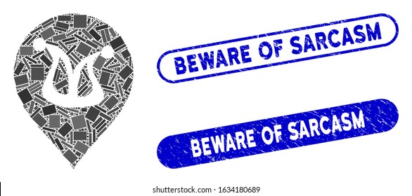 Mosaic joker marker and grunge stamp seals with Beware of Sarcasm text. Mosaic vector joker marker is designed with scattered rectangle items. Beware of Sarcasm stamp seals use blue color,