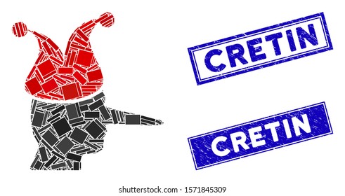 Mosaic joker pictogram and rectangular Cretin stamps. Flat vector joker mosaic pictogram of scattered rotated rectangular items. Blue Cretin rubber stamps with grunge textures.